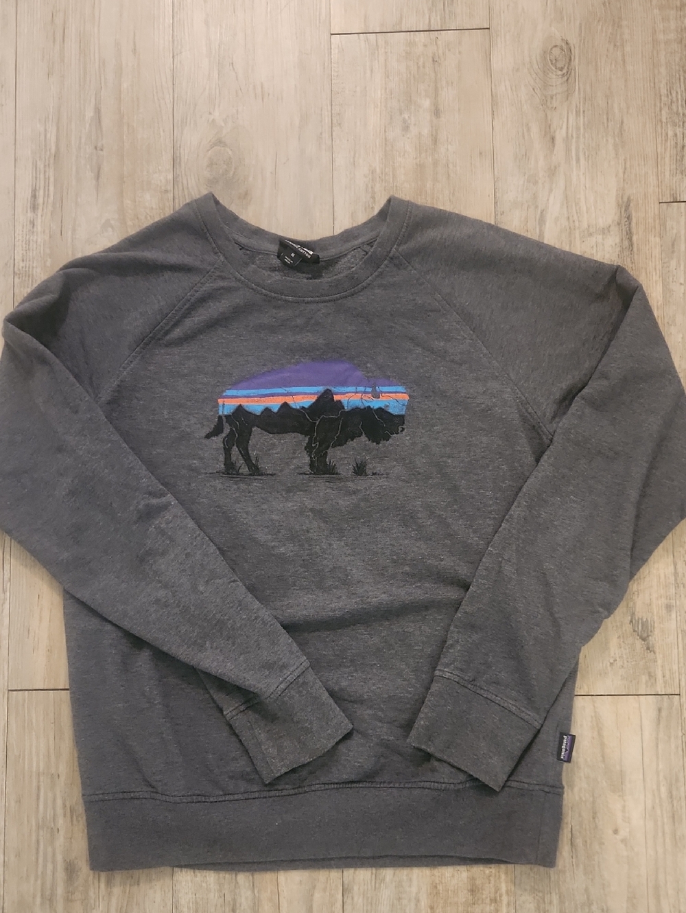 Patagonia Charcoal Crewneck Sweatshirt with Sunset Bison Graphic Organic Cotton